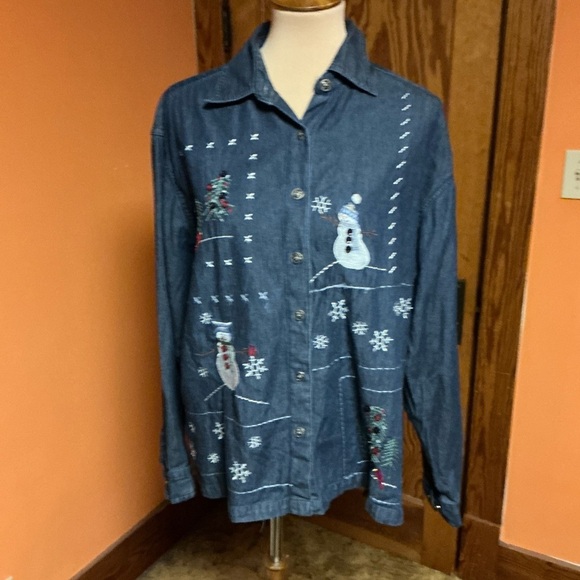 Vtg Y2K embroidered snowman denim shirt - Picture 8 of 10